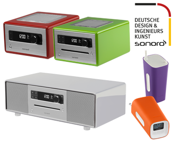 Auswahl verschiedener Sonoro Geräte in modernen Farben.